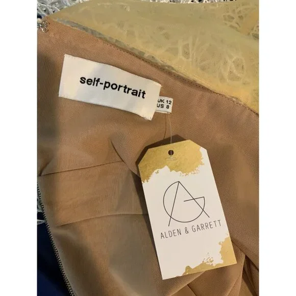 Self-Portrait White Lace Tan Mesh Collared Long Sleeve Fit & Flare Dress, Size 8 - Picture 8 of 8